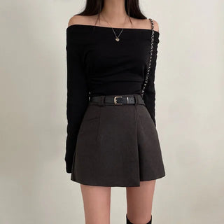 A-line elastic asymmetrical belt mini skirt panties