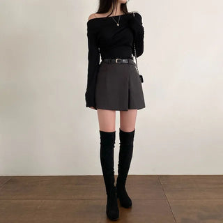 A-line elastic asymmetrical belt mini skirt panties