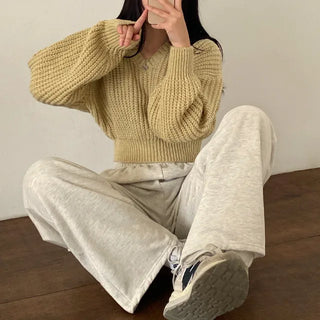 Cropped Loose Fit Openwork Puff V-Neck Knit