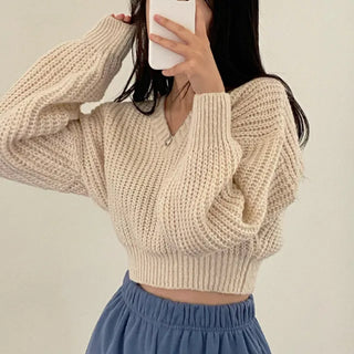Cropped Loose Fit Openwork Puff V-Neck Knit
