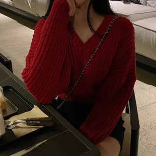 Cropped Loose Fit Openwork Puff V-Neck Knit