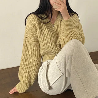Cropped Loose Fit Openwork Puff V-Neck Knit