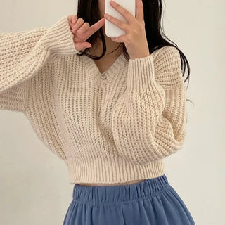 Cropped Loose Fit Openwork Puff V-Neck Knit