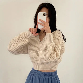 Cropped Loose Fit Openwork Puff V-Neck Knit