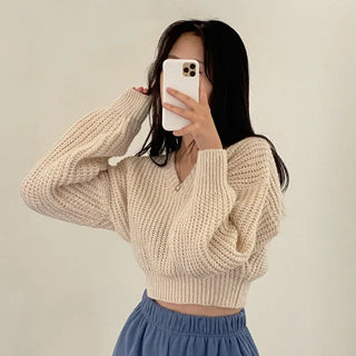Cropped Loose Fit Openwork Puff V-Neck Knit