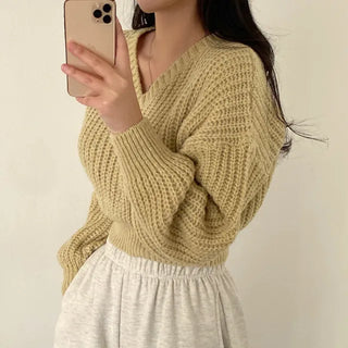 Cropped Loose Fit Openwork Puff V-Neck Knit