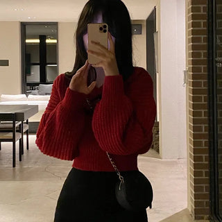 Cropped Loose Fit Openwork Puff V-Neck Knit