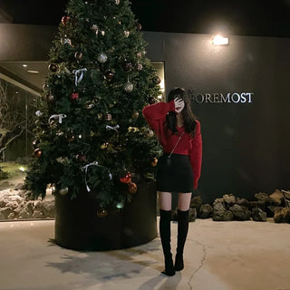 Cropped Loose Fit Openwork Puff V-Neck Knit