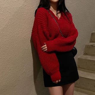 Cropped Loose Fit Openwork Puff V-Neck Knit