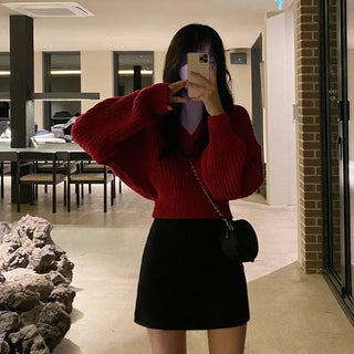 Cropped Loose Fit Openwork Puff V-Neck Knit
