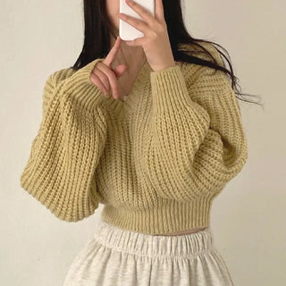 Cropped Loose Fit Openwork Puff V-Neck Knit