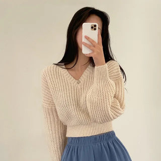 Cropped Loose Fit Openwork Puff V-Neck Knit