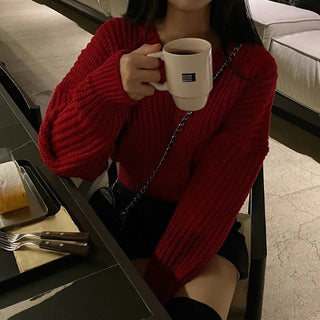 Cropped Loose Fit Openwork Puff V-Neck Knit