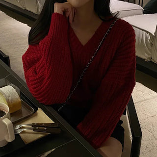 Cropped Loose Fit Openwork Puff V-Neck Knit