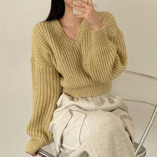 Cropped Loose Fit Openwork Puff V-Neck Knit