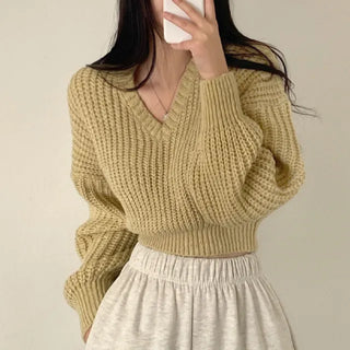 Cropped Loose Fit Openwork Puff V-Neck Knit