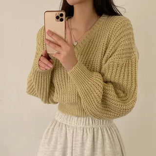 Cropped Loose Fit Openwork Puff V-Neck Knit