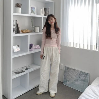 Flower-patterned elastic waist pants
