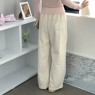 Flower-patterned elastic waist pants