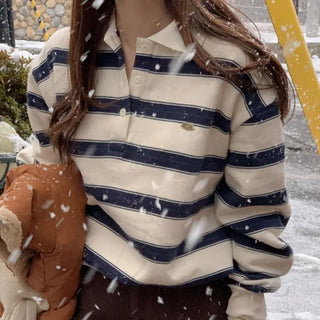Loose-fit striped fleece-lined color sweatshirt