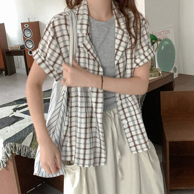 Cotton check short-sleeved shirt