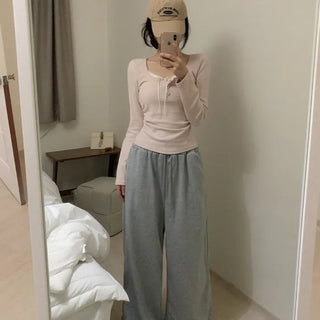 Elastic waistband drawstring jogger wide pants