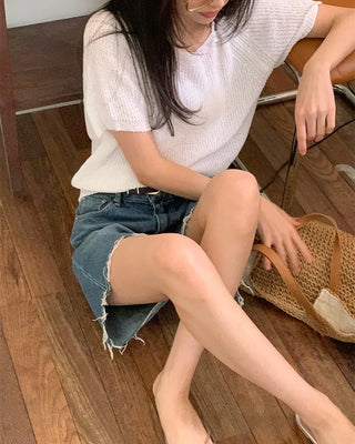 Shoulder strap slit off-shoulder summer short-sleeved knit