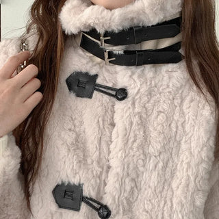 High-neck buckle fur jacket