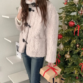 High-neck buckle fur jacket