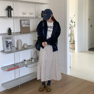 Checked chiffon long skirt