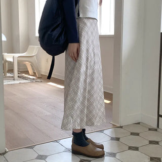 Checked chiffon long skirt