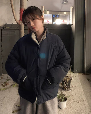 Down jacket x fleece reversible high-neck jacket