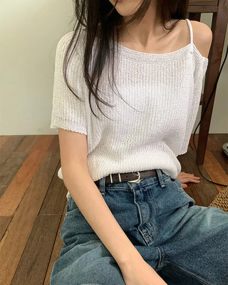 Shoulder strap slit off-shoulder summer short-sleeved knit