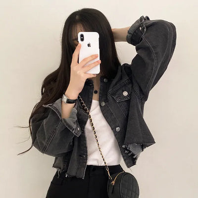 Cropped black denim jacket
