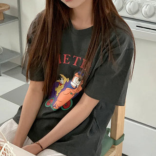 Washed print short-sleeved T-shirt