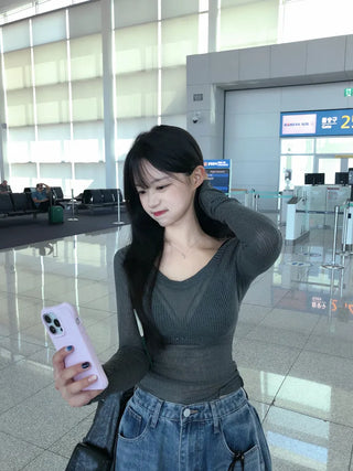 See-through V-neck knit (5 colors)