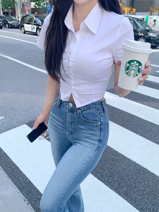 Span Slim Cropped Short-Sleeve Shirt