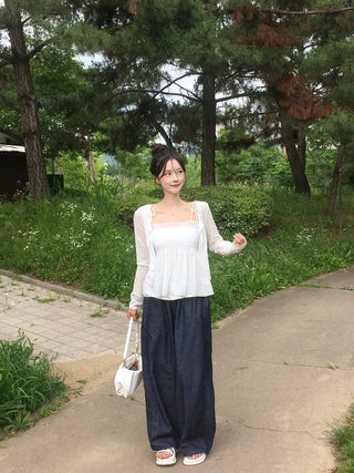 String Wide Summer Low Denim Pants