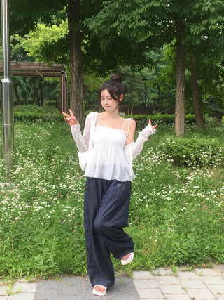 String Wide Summer Low Denim Pants