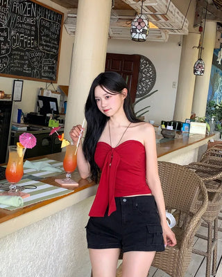 [With cups] Ribbon strap tube top