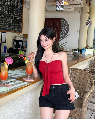 [With cups] Ribbon strap tube top