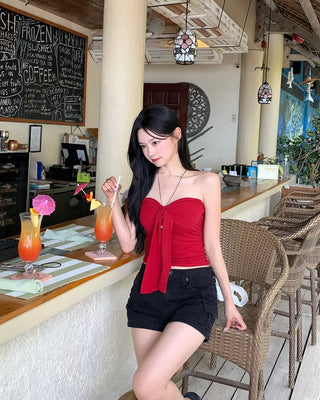 [With cups] Ribbon strap tube top