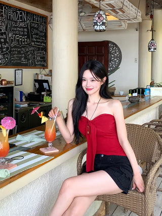 [With cups] Ribbon strap tube top