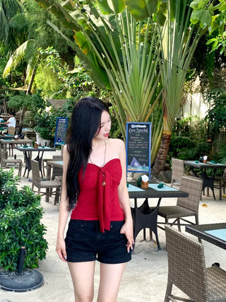 [With cups] Ribbon strap tube top