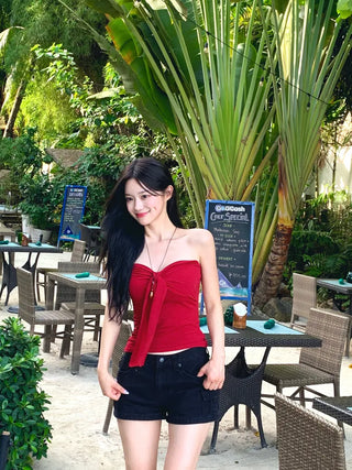 [With cups] Ribbon strap tube top
