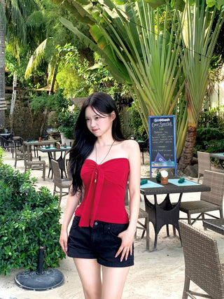 [With cups] Ribbon strap tube top