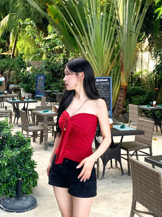 [With cups] Ribbon strap tube top