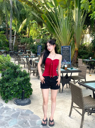 [With cups] Ribbon strap tube top