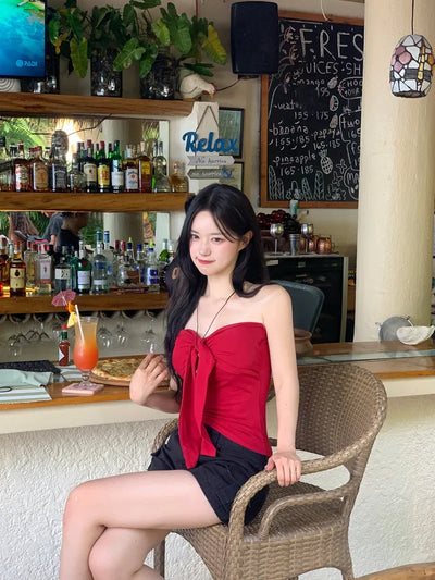 [With cups] Ribbon strap tube top