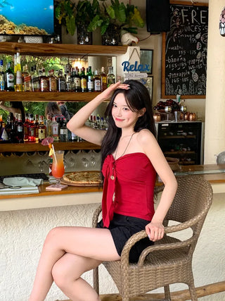 [With cups] Ribbon strap tube top